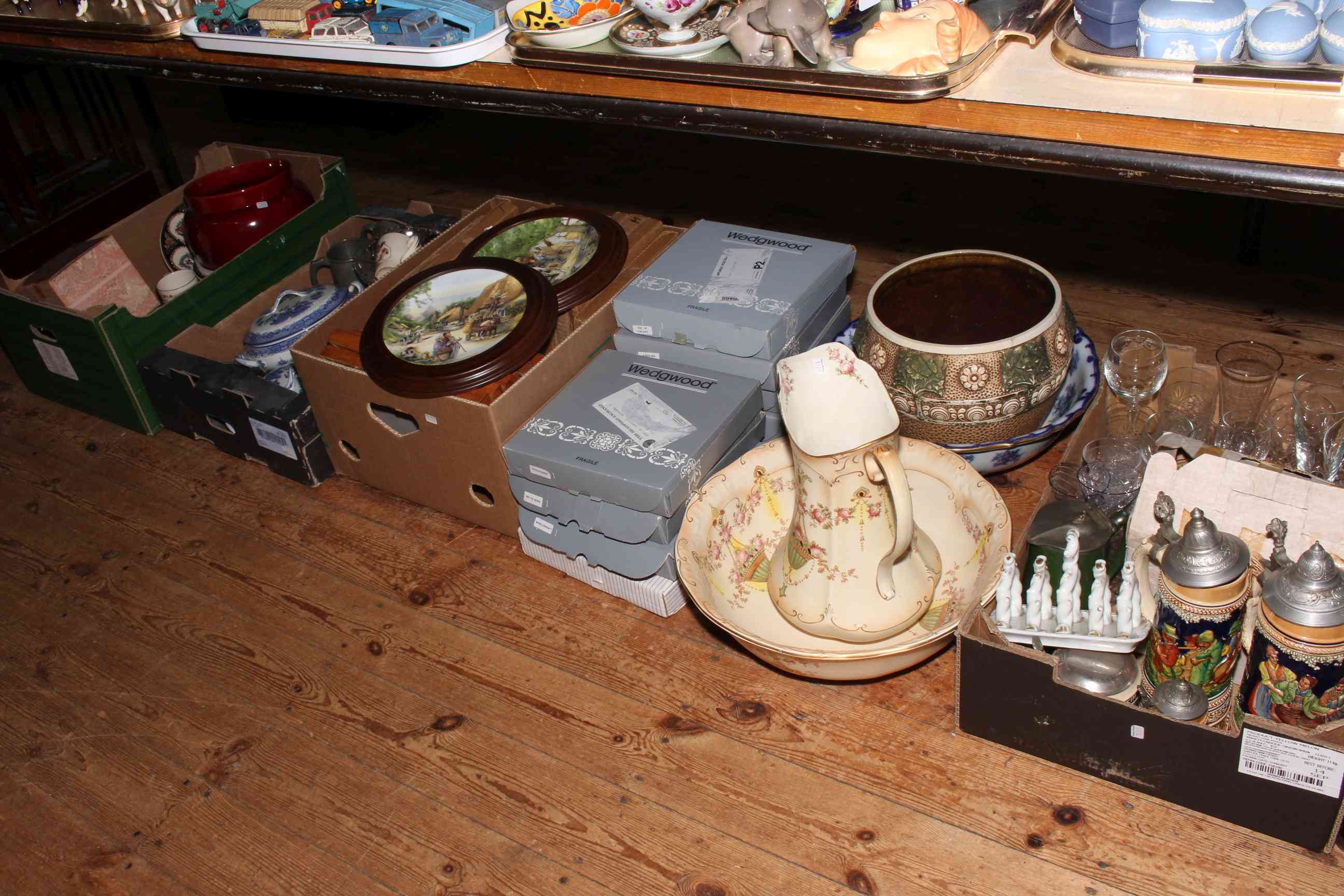 Wedgwood and Royal Doulton collectors plates, Devonware toilet jug and bowl,