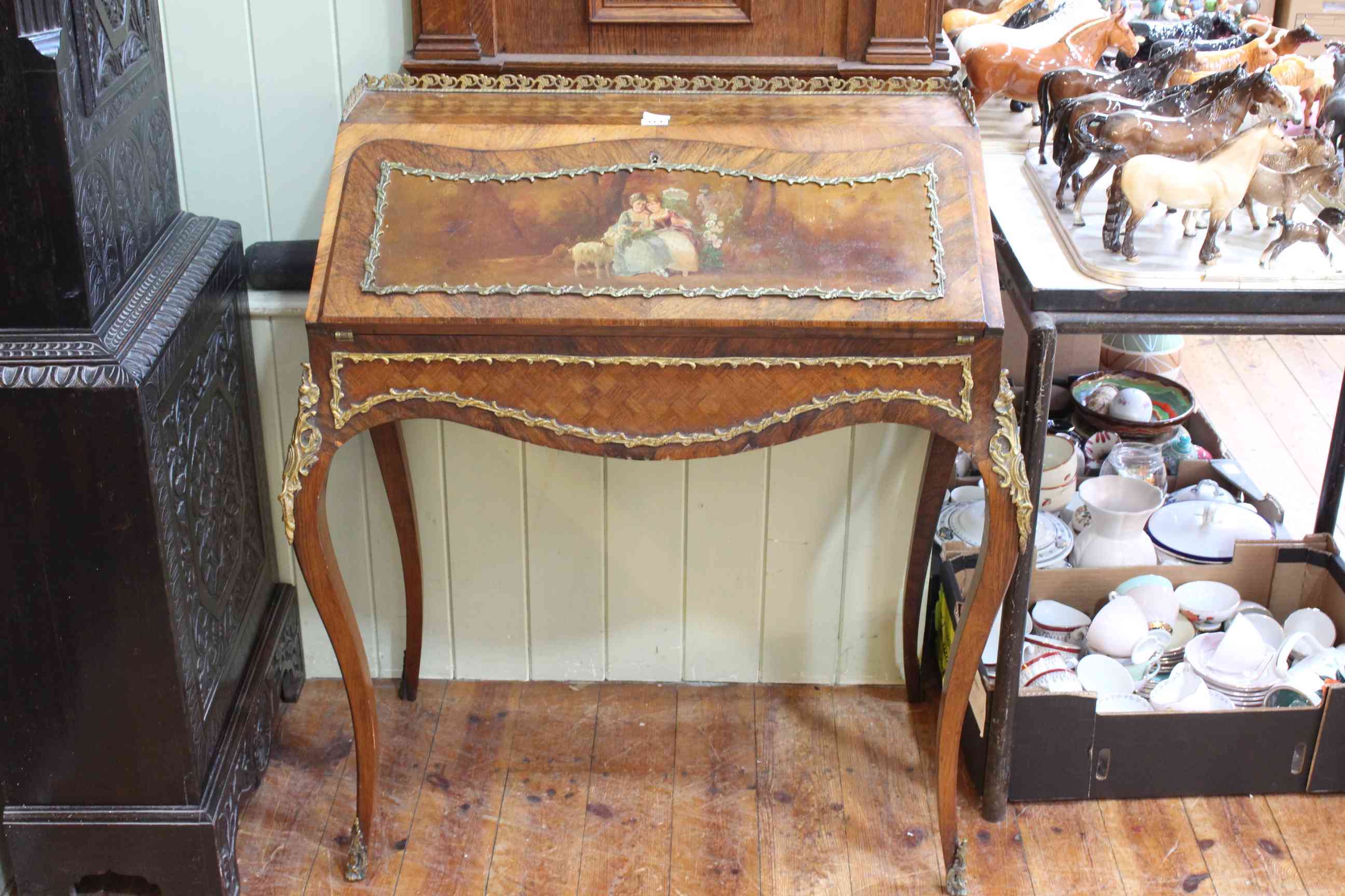 Contemporary marquetry inlaid, painted and brass mounted ladies writing desk, 93cm by 83cm by 48cm.