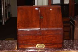 Victorian mahogany slope front stationery box with two doors enclosing calendar and fitted interior