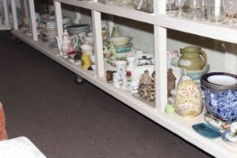 Full shelf of assorted china including Midwinter teaware, bowls, plates, cups and saucers,