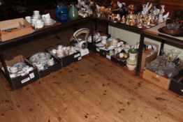 Fourteen boxes of glass, china, metalwares, Avery sweet scales, four copper jugs, various teawares,