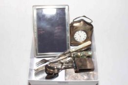 Silver pocket watch with easel travel box, silver photograph frame, card case and matchbox holder,