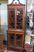 Edwardian mahogany and line inlaid astragal glazed four door corner display cabinet, 207cm.