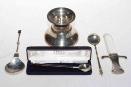 Continental silver stand, anointing spoon, and other spoon,