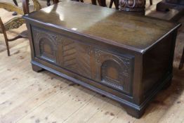 Oak arched panel front blanket box, 46cm by 101cm by 50cm.