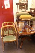 Pair Edwardian mahogany occasional elbow chairs, Victorian walnut revolving piano stool,