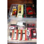 Two boxes of boxed model vehicles including Burago, Models of Yesteryear, Corgi, etc.