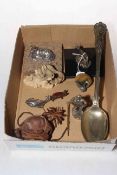 Box with silver and white metal animal models and pin cushions, squeeze box player, pencil, carving,