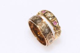 15 carat gold tiny ruby and diamond ring, and 9 carat gold band ring, both size M.