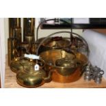 Collection of Victorian and later brass including shell cases, jam pans,