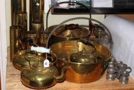 Collection of Victorian and later brass including shell cases, jam pans,