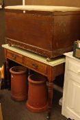 Victorian pine trunk and Victorian two drawer turned leg side table (2).