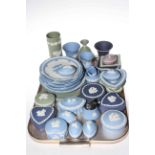 Collection of Wedgwood blue and green Jasperware including plates, vases, lidded boxes, etc.