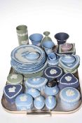 Collection of Wedgwood blue and green Jasperware including plates, vases, lidded boxes, etc.