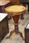 Victorian circular inlaid chess top sewing table on tripod base, 74cm by 44cm diameter.