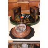 Oriental papier mache dish, papier mache oval gallery tray, pair of boxes in the form of books, etc.