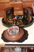 Oriental papier mache dish, papier mache oval gallery tray, pair of boxes in the form of books, etc.