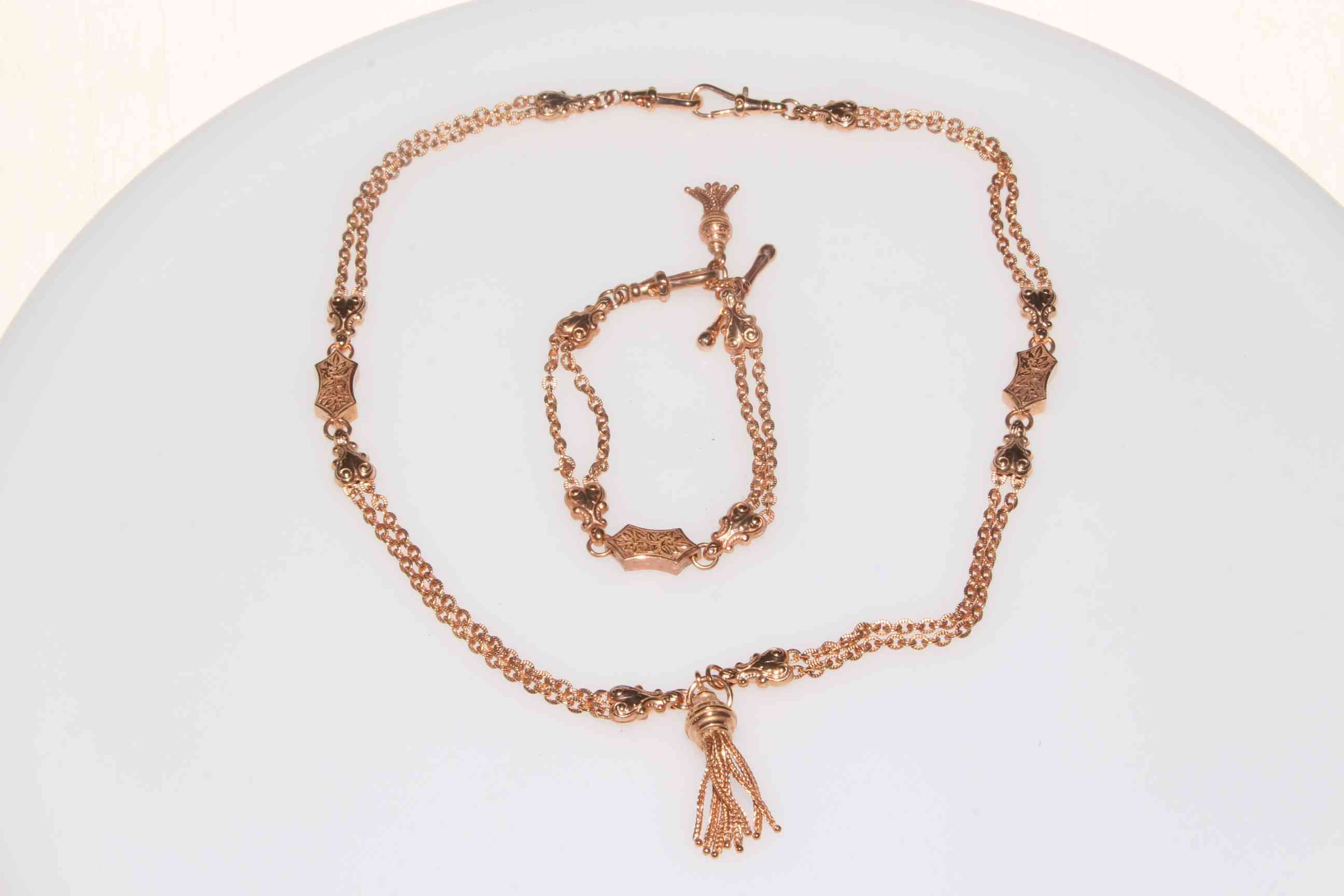 9ct Rose gold ornate necklace and bracelet in watch albert style