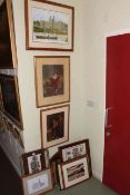 Nine framed prints, five wall mirrors and painted fabric tray (15).