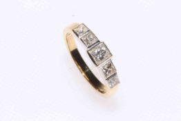 Diamond five stone 18 carat gold ring, having five graduated square cut diamonds, size N.