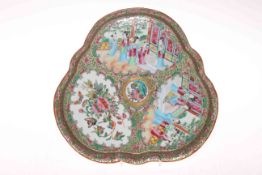 Cantonese tray with three panels of figures and foliage, 27cm across.