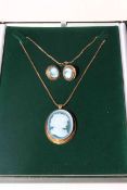 9 carat gold mounted pale blue cameo jewellery comprising pendant/brooch with gold chain,