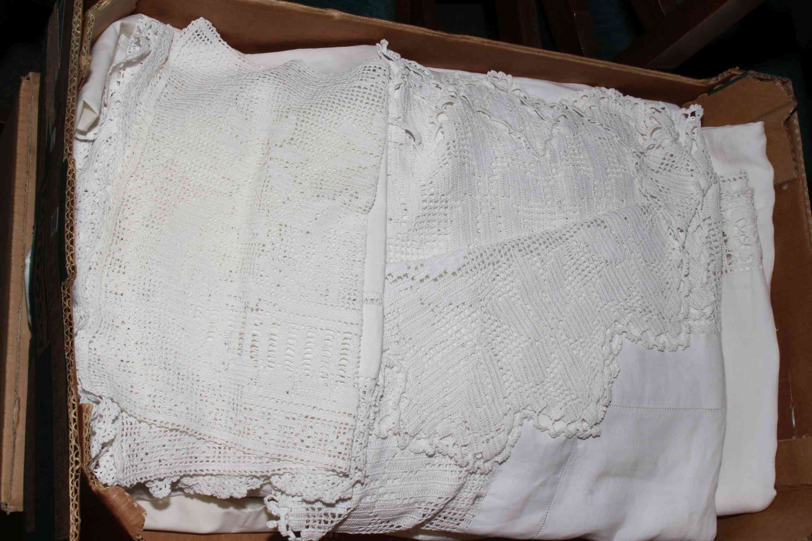 Box of assorted lace and linen.