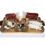 Beswick farm animals including Hereford Bull, Cow and two Calves, two Pigs, Ch. Wall Queen and Ch.
