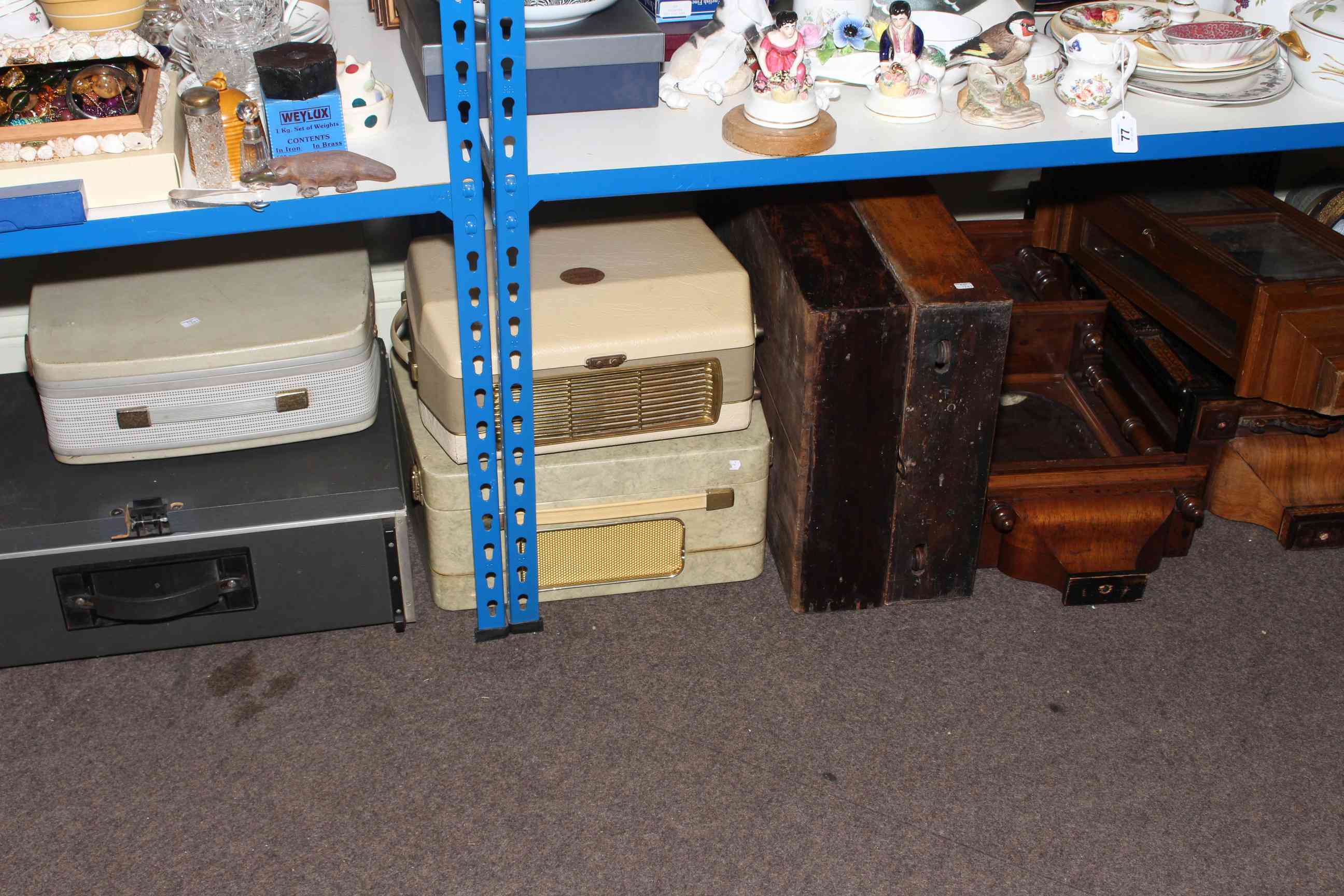 Five clock cases, vintage record player, six boxes of china, glass mantel clocks, Masonic ware, etc. - Image 3 of 4