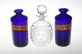 Two antique Bristol blue chemists bottles, 21cm, and crystal decanter (3).