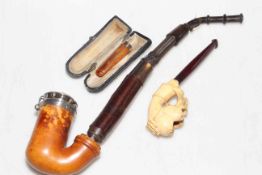9 carat gold mounted cheroot holder, Meerschaum pipe, and Dutch silver mounted pipe (3).