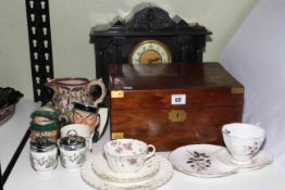 Victorian slate mantel clock, mahogany brass bound writing box, three Doulton character jugs, etc.