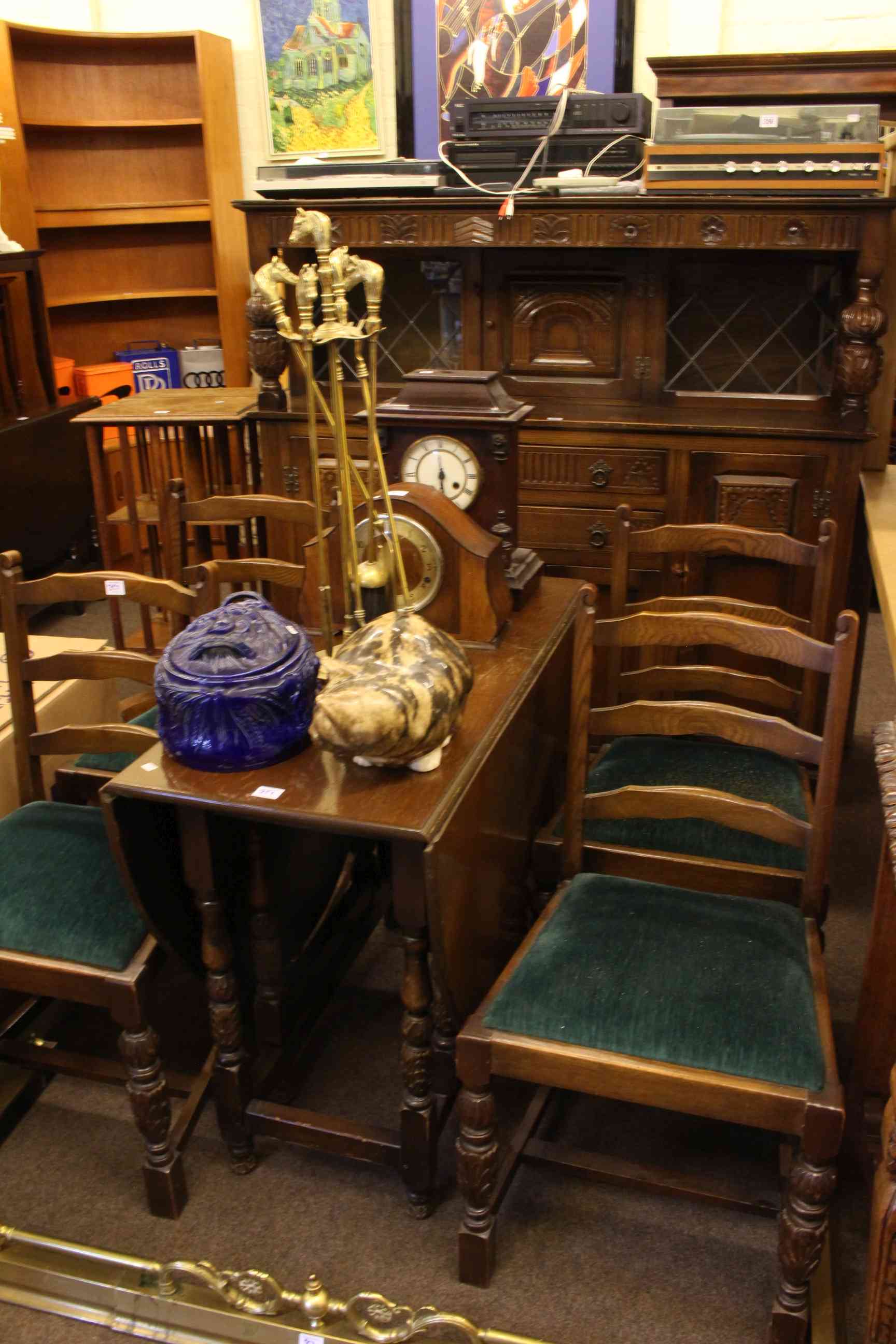 Oak court cupboard, gate leg dining table and four ladder back dining chairs (6).