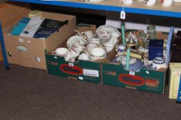 Three boxes of teaware, Wedgwood Green Jasperware, boxed Country Artists Owls, various china, etc.