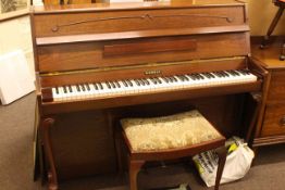 Rosewood cased Kemble upright overstrung piano, cabriole leg stool and sheet music.