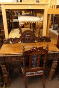 Victorian carved oak hall table, similar side chair and two cabriole leg stools (4).