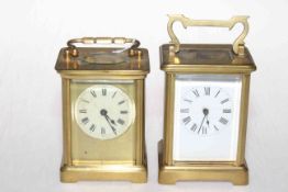Two gilt brass carriage clocks, one by R & Co, Paris, 14.5cm to top of handle.