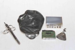 Art Nouveau pewter maiden dish, Dutch silver caddy spoon, Ronson shagreen lighter,