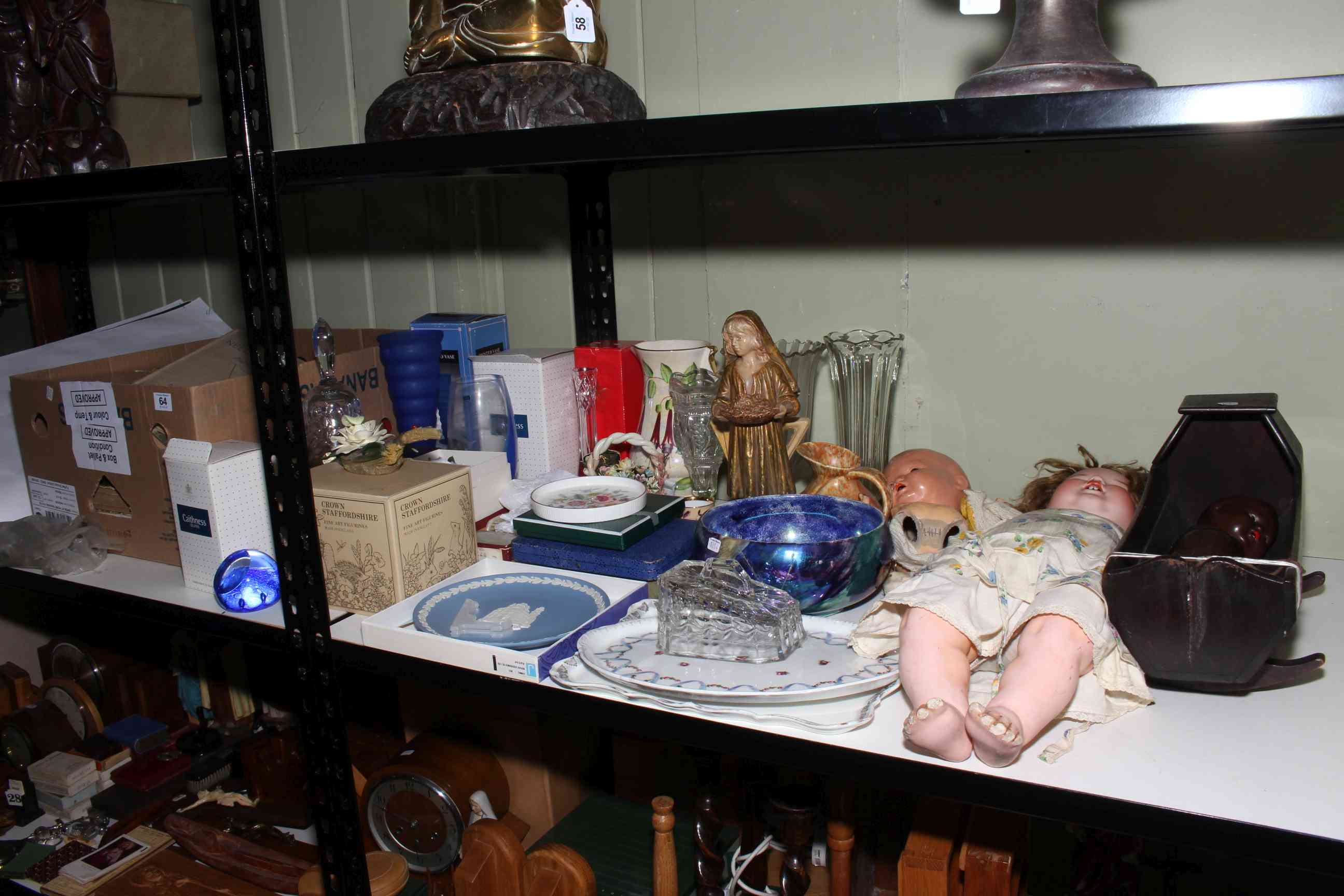 Children's and other books, dolls and dolls crib, assorted china and glass, etc.