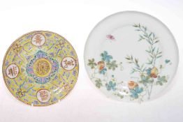 Two antique Chinese saucer dishes, Guangxa birthday pattern, 15.5cm and Bitter Melon, 19cm diameter.