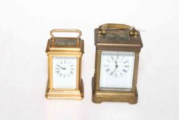 Two small French carriage clocks, one with engraved decoration, 9cm high.