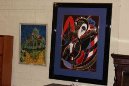 Large contemporary print of a jester and oil on canvas depicting a church.