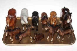 Eleven Beswick Horses and Foals including Suffolk Punch, Dales Pony, Dartmoor Pony, etc.