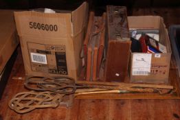 Bag of vintage golf clubs, two carpets beaters, two rulers, tennis racket, leather suitcase,