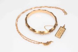 9 carat gold bangle, 9 carat ingot pendant, and Madeira pendant and chain (3).