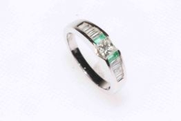 Emerald and diamond 18 carat white gold ring, having centre square cut diamond (approximately 0.