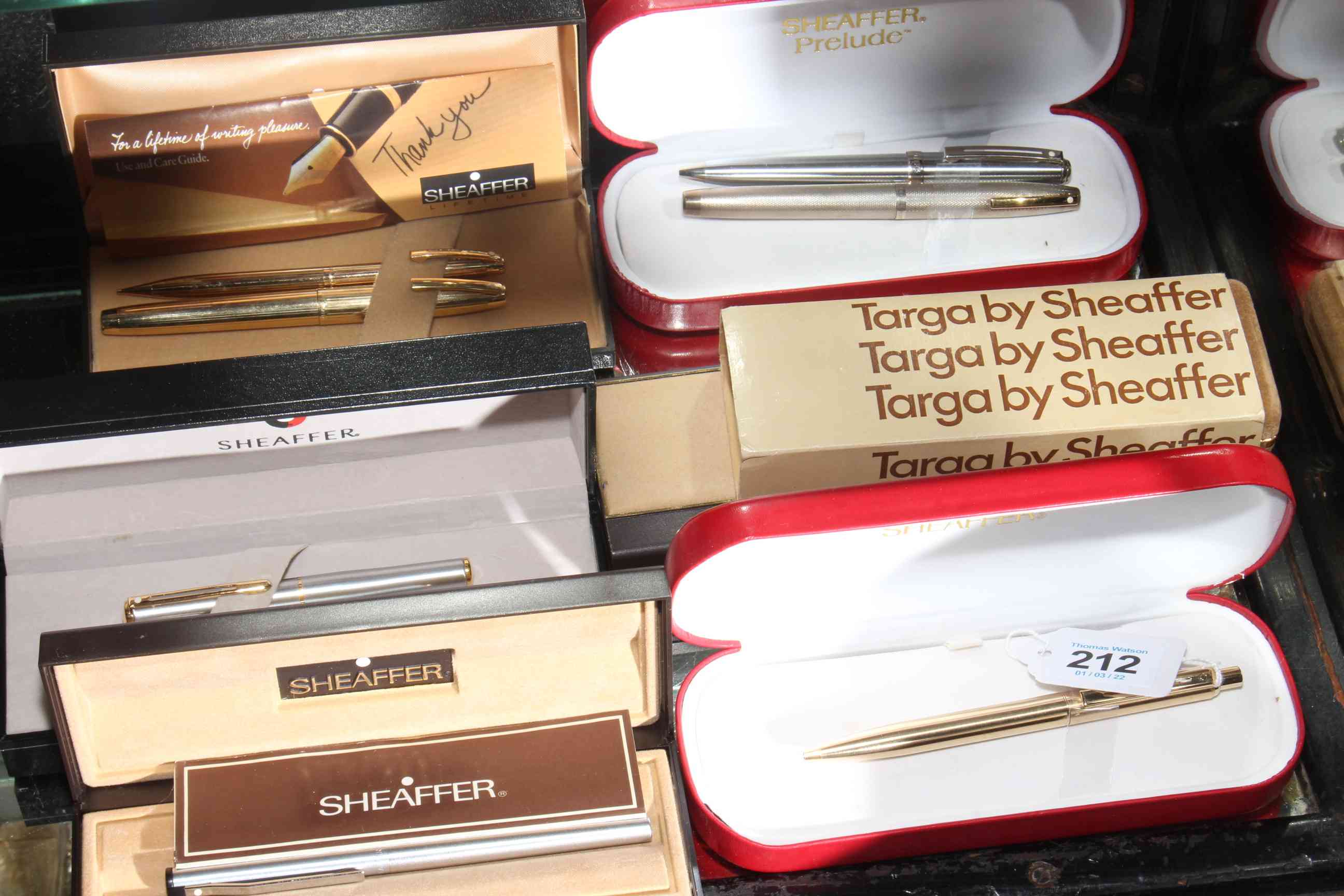 Collection of mostly boxed Sheaffer pens including Targa, approximately ten pens.