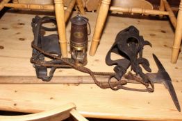 Miners lamp, pick, protective head gear, horse bridle, etc.