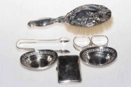 Silver items comprising Art Nouveau brush, Newcastle tongs 1838, pair napkin rings,