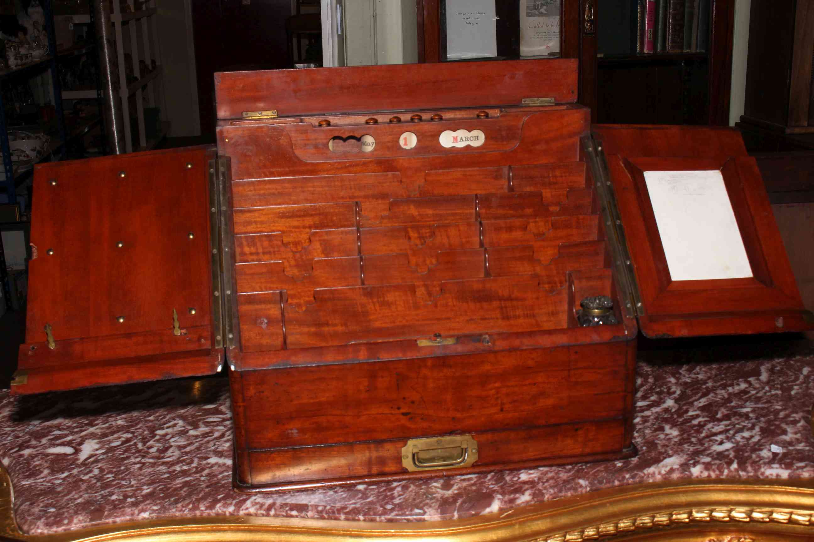 Victorian mahogany slope front stationery box with two doors enclosing calendar and fitted interior - Image 2 of 2